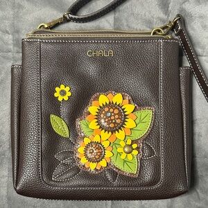 Chala Dark Brown Crossbody Bag with Sunflower Accents